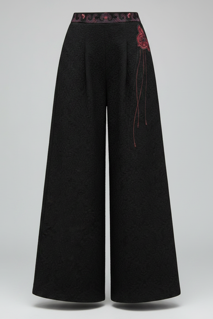 Pantalon Chinois Noir Brodé Ample Jacquard Ethnique Femme - Polyester - vue 3