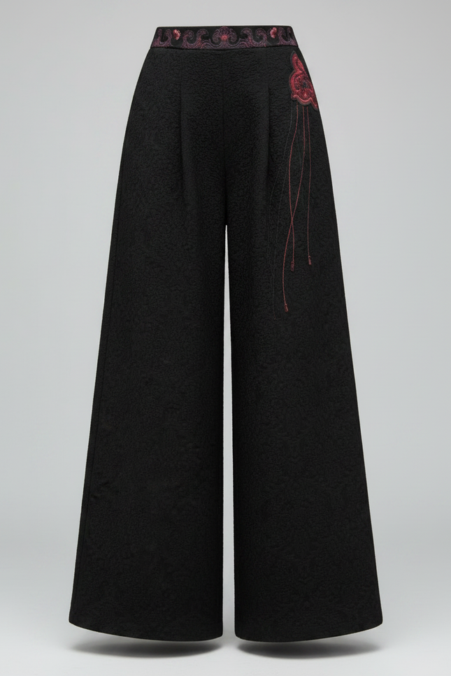 Pantalon Chinois Noir Brodé Ample Jacquard Ethnique Femme - Polyester - vue 3