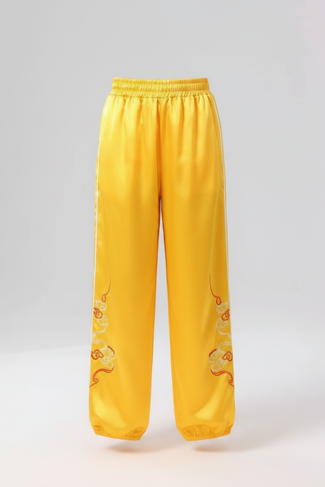 Pantalon Chinois Jaune Satiné Ample Brodé Dragon Enfant - vue 3
