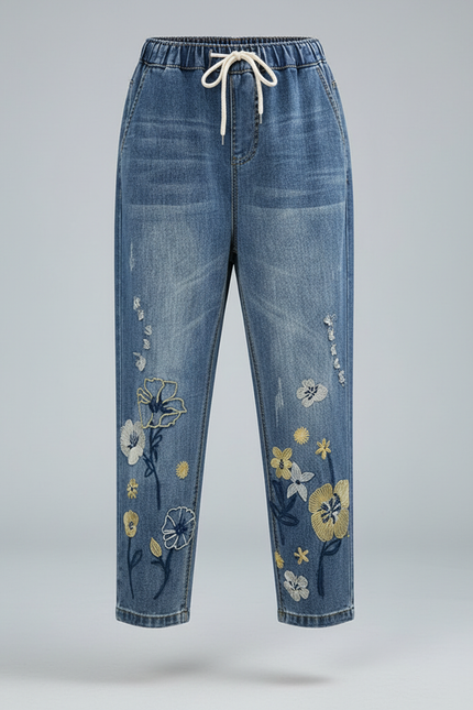 Pantalon Chinois Jean Brodé Floral Ample Femme - Bleu - vue 3