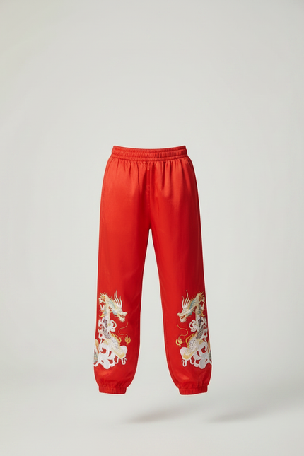 Pantalon Chinois Rouge Ample Dragon Brodé Enfant - Satin - vue 3