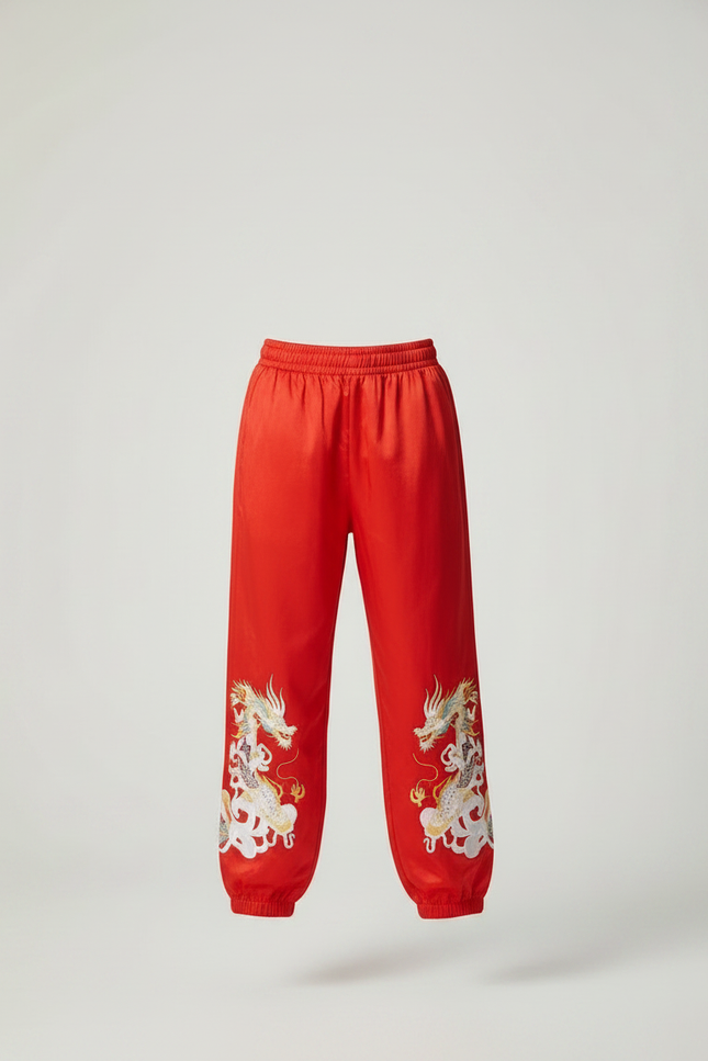 Pantalon Chinois Rouge Ample Dragon Brodé Enfant - Satin - vue 3