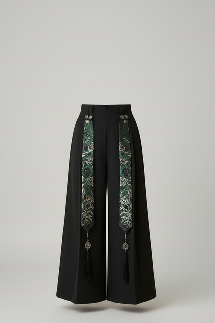 Pantalon Chinois Noir Ample Ruban Brodé Enfant - Gabardine - vue 3