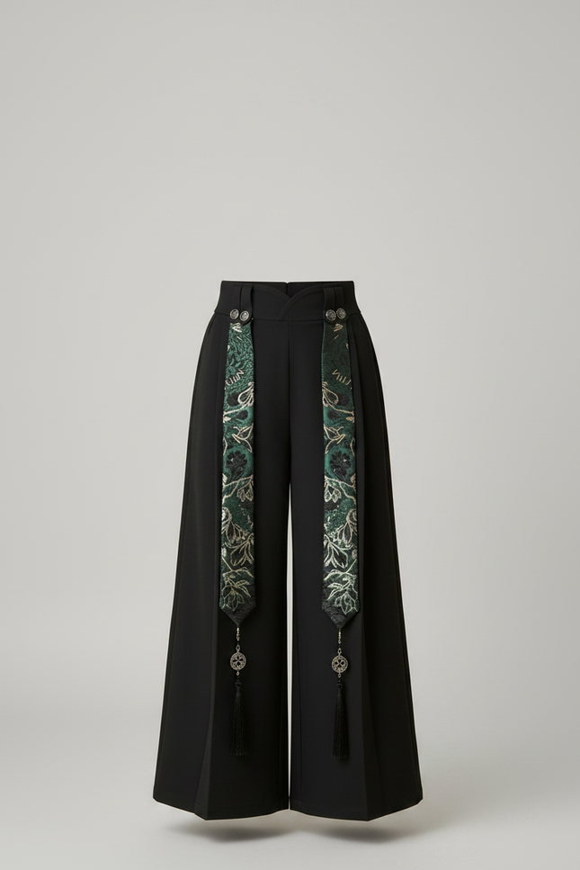 Pantalon Chinois Noir Ample Ruban Brodé Enfant - Gabardine - vue 3