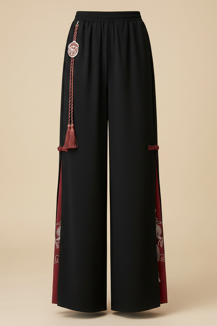 Pantalon Chinois Noir Brodé Fendu Large Femme - Polyester - vue 3