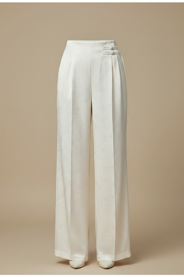 Pantalon Chinois Blanc Jacquard Fluide Ample Élégant - Satin - vue 3