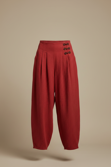 Pantalon Chinois Rouge Plissé Ample Coton Lin Vintage - vue 3