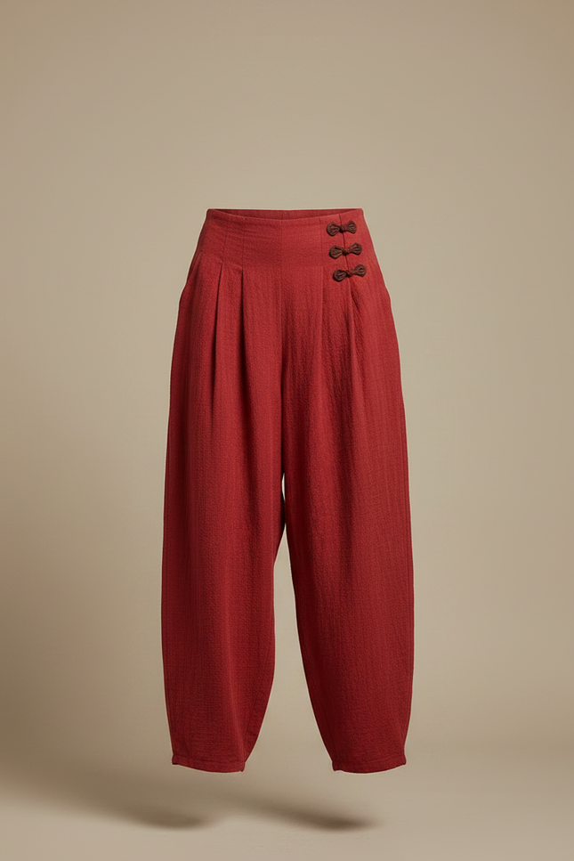 Pantalon Chinois Rouge Plissé Ample Coton Lin Vintage - vue 3