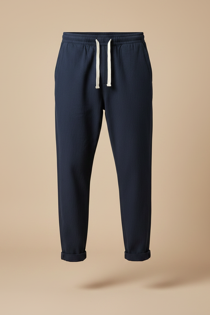 Pantalon Chinois Bleu Marine Coton Ample Cordon Décontracté - vue 3