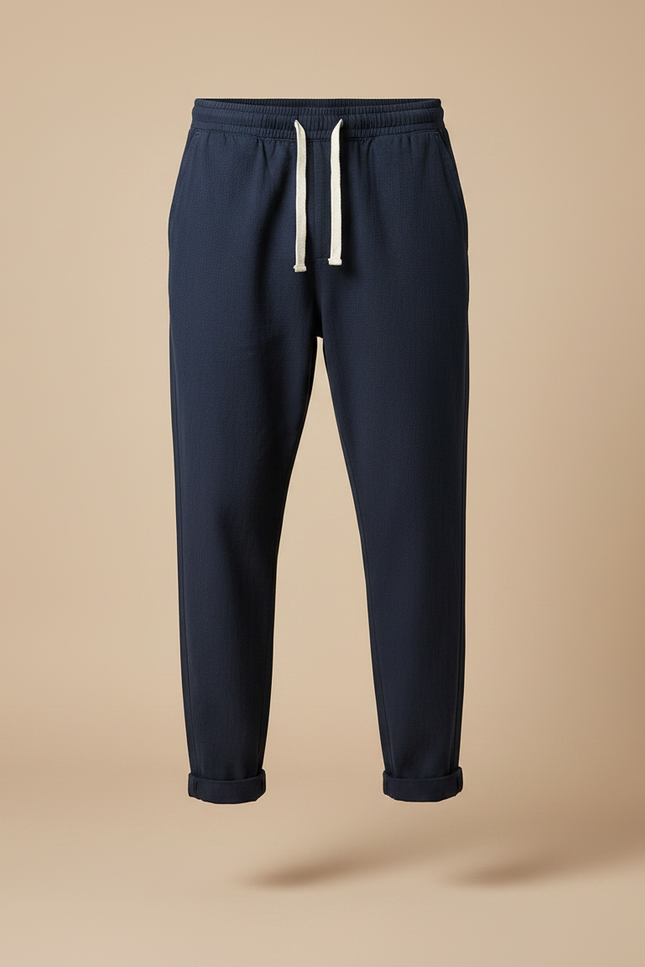 Pantalon Chinois Bleu Marine Coton Ample Cordon Décontracté - vue 3