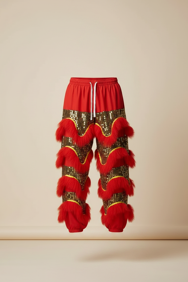 Pantalon Chinois Lion Danse Scintillant Rouge Doré Homme Festif - Polyester - vue 3