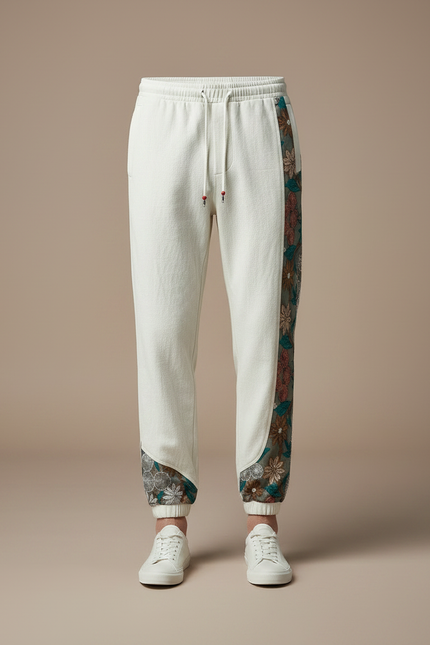 Pantalon Chinois Crème Brodé Ample Décontracté Ethnique - Beige Toile - vue 3