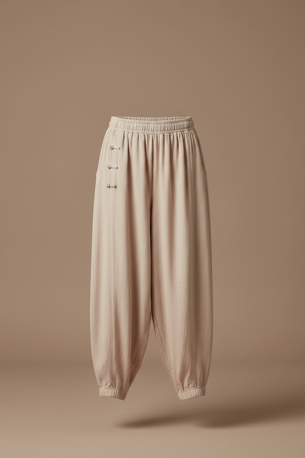 Pantalon Chinois Beige Ample Coton Boutons Traditionnel - vue 3