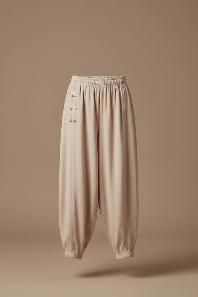 Pantalon Chinois Beige Ample Coton Boutons Traditionnel - vue 3