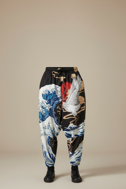 Pantalon Chinois Noir Ample Imprimé Vague Grue - Polyester - vue 3