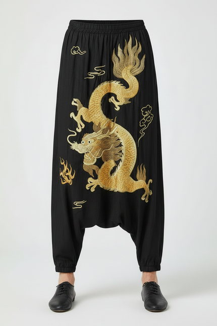 Pantalon Chinois Noir Brodé Dragon Harem Ample - Lin - vue 3