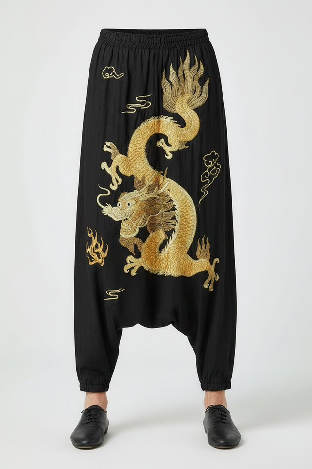 Pantalon Chinois Noir Brodé Dragon Harem Ample - Lin - vue 3
