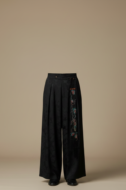 Pantalon Chinois Noir Jacquard Brodé Ample Ethnique Vintage - Soie - vue 3