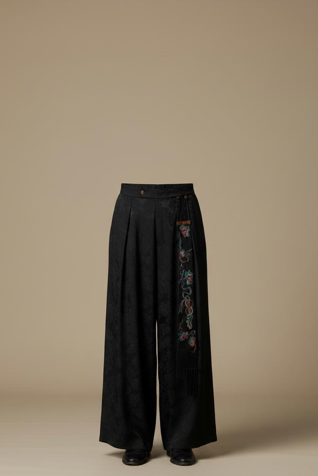 Pantalon Chinois Noir Jacquard Brodé Ample Ethnique Vintage - Soie - vue 3