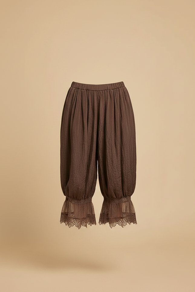 Pantalon Chinois Marron Ample Fluide Dentelle Jambes Ballons - Lin - vue 3