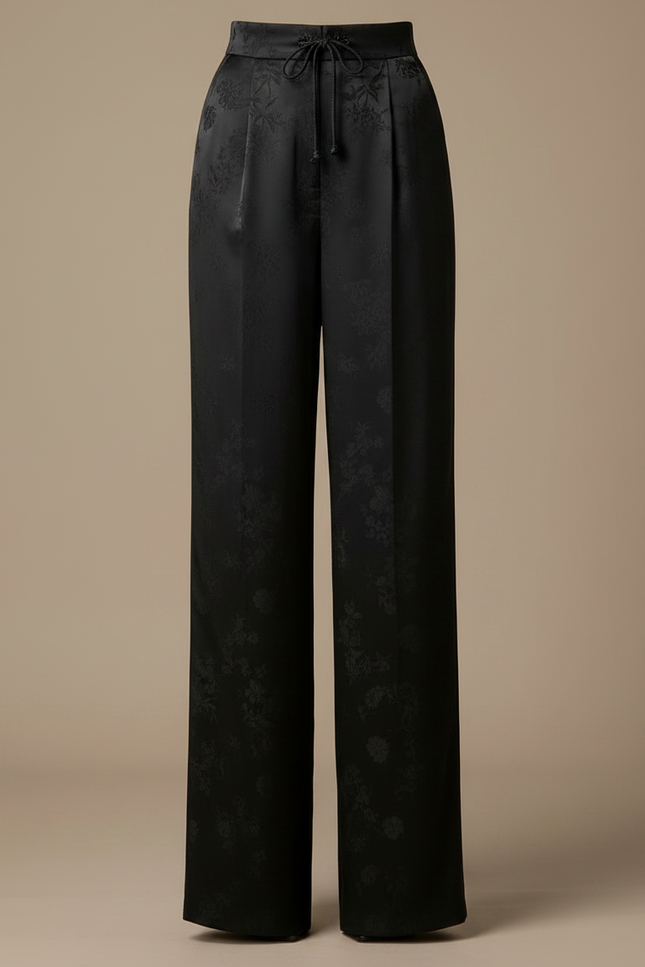 Pantalon Chinois Noir Jacquard Ample Satin Élégant - vue 3