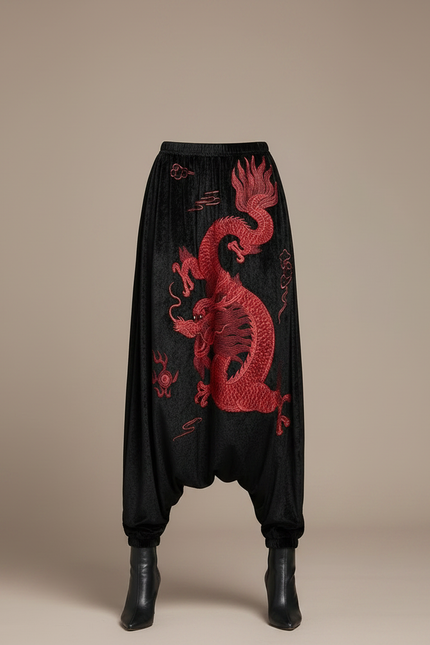 Pantalon Chinois Noir Brodé Dragon Velours Harem Femme - vue 3