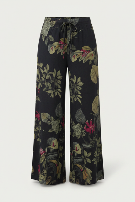 Pantalon Chinois Noir Ample Fleuri Fluide Cordon - Viscose - vue 3