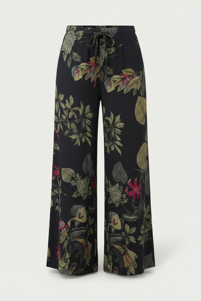 Pantalon Chinois Noir Ample Fleuri Fluide Cordon - Viscose - vue 3
