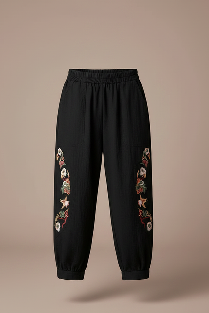Pantalon Chinois Noir Brodé Floral Ample Enfant - Lin - vue 3