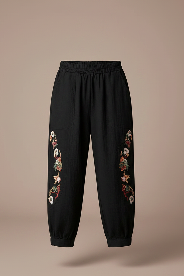 Pantalon Chinois Noir Brodé Floral Ample Enfant - Lin - vue 3