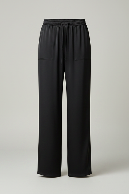 Pantalon Chinois Noir Satin Fluide Large Ceinture Élastique - vue 3