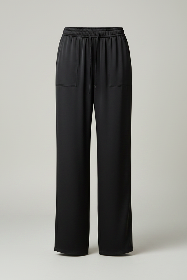 Pantalon Chinois Noir Satin Fluide Large Ceinture Élastique - vue 3