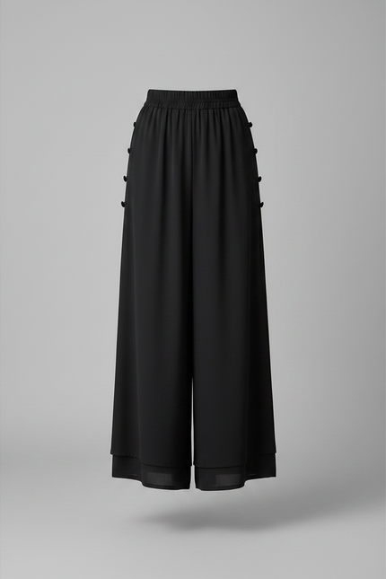 Pantalon Chinois Noir Ample Fluide Boutons Décontracté - Viscose - vue 3