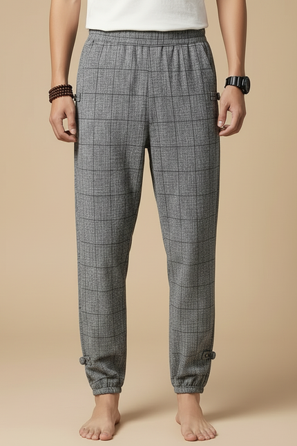 Pantalon Chinois Treillis Gris Ample Coton Chevilles Élastiques - Tweed - vue 3