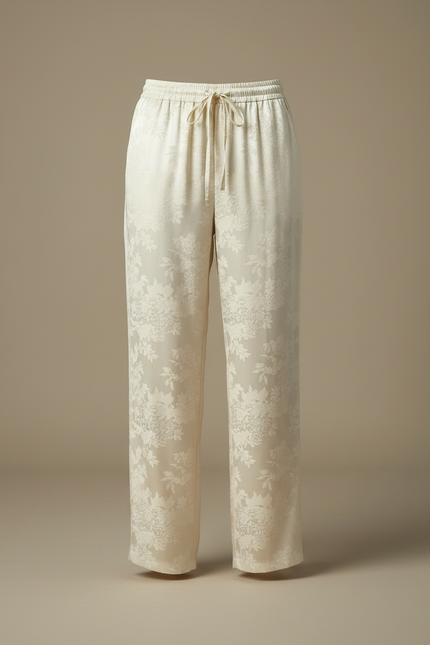 Pantalon Chinois Crème Satin Jacquard Floral Fluide Élégant - Beige - vue 3