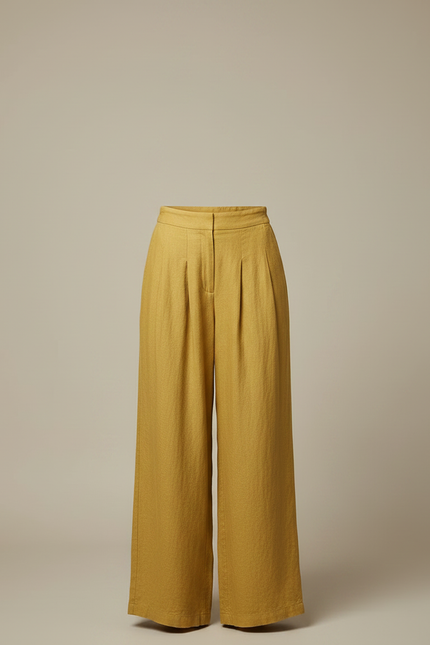 Pantalon Chinois Jaune Ample Lin Fluide Décontracté - vue 3