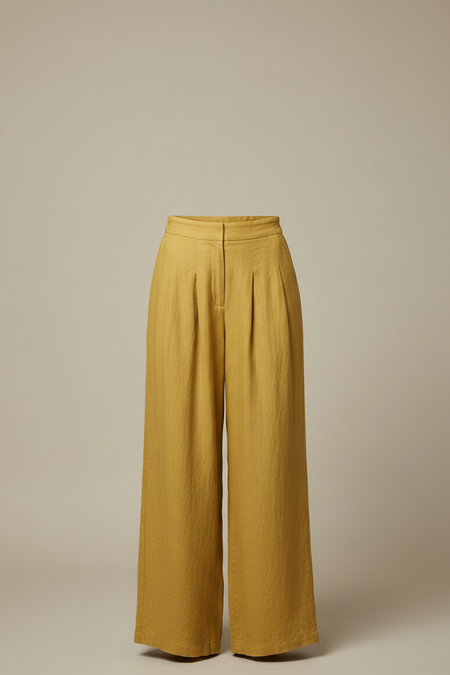 Pantalon Chinois Jaune Ample Lin Fluide Décontracté - vue 3