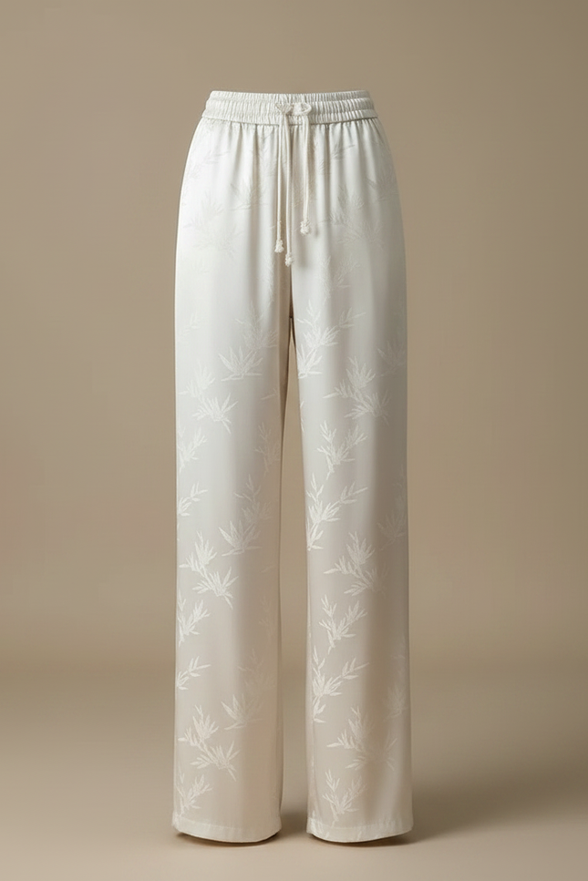 Pantalon Chinois Satin Jacquard Ample Écru Fluide Élégant - Beige - vue 3