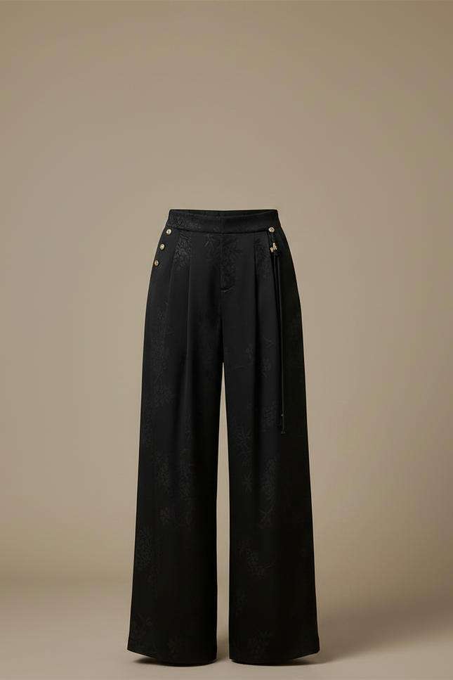 Pantalon Chinois Noir Satin Jacquard Ample Élégant - vue 3