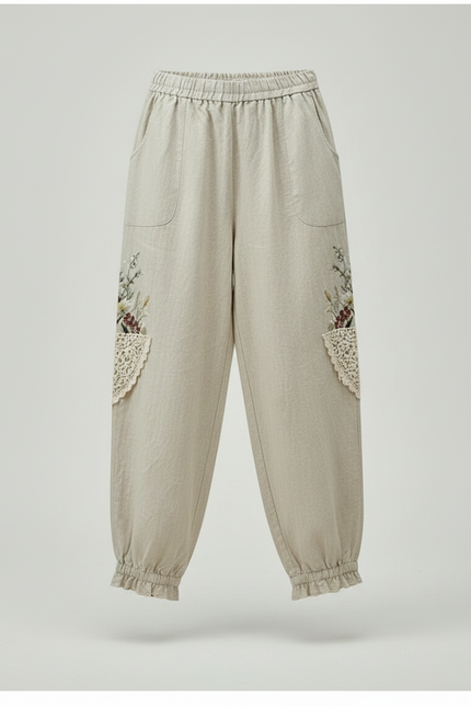 Pantalon Chinois Lin Ample Brodé Ethnique Estival - Beige - vue 3