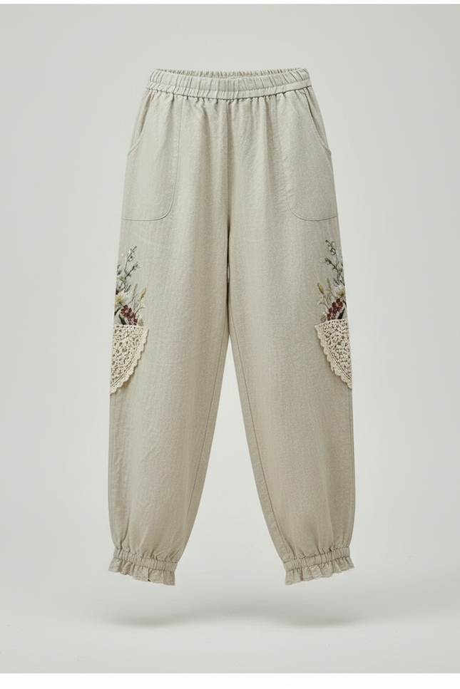 Pantalon Chinois Lin Ample Brodé Ethnique Estival - Beige - vue 3