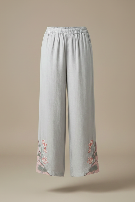 Pantalon Chinois Gris Brodé Floral Ample Fluide Femme - Lin - vue 3