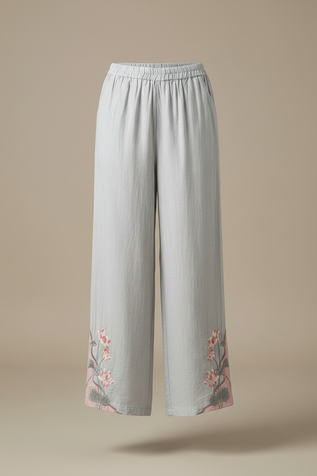 Pantalon Chinois Gris Brodé Floral Ample Fluide Femme - Lin - vue 3