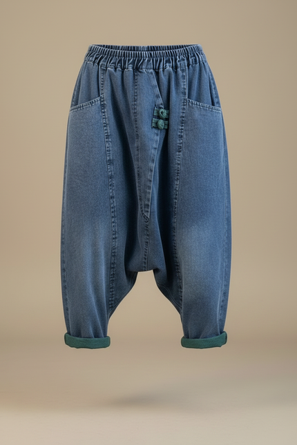 Pantalon Chinois Denim Ample Harem Turquoise Décontracté Femme - Bleu Jean - vue 3