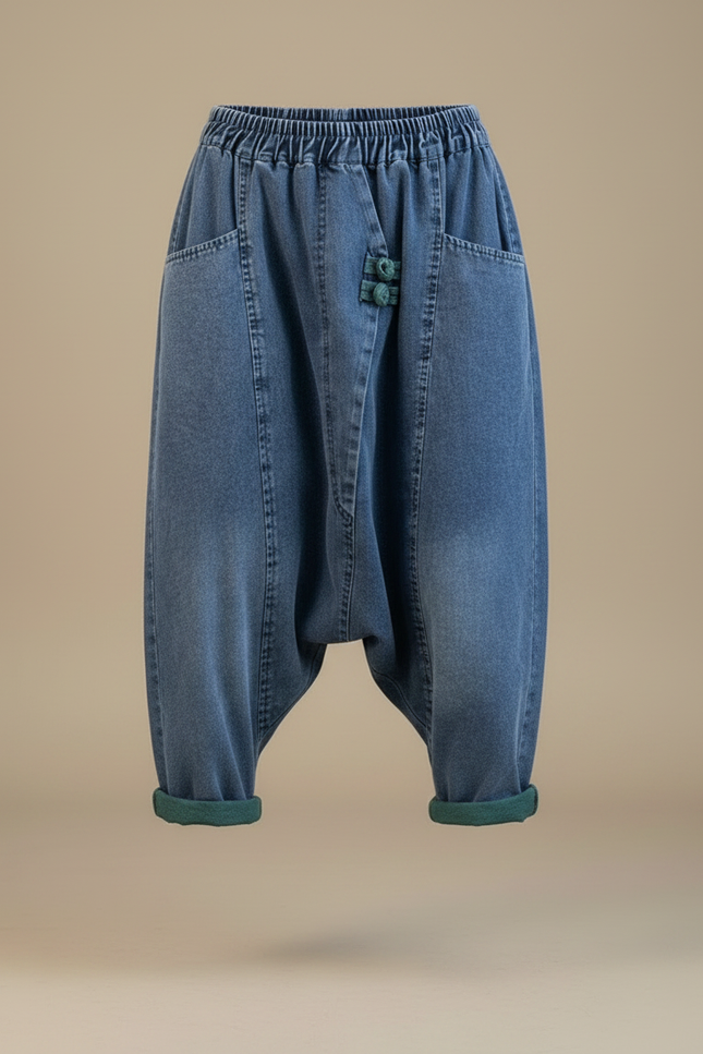 Pantalon Chinois Denim Ample Harem Turquoise Décontracté Femme - Bleu Jean - vue 3