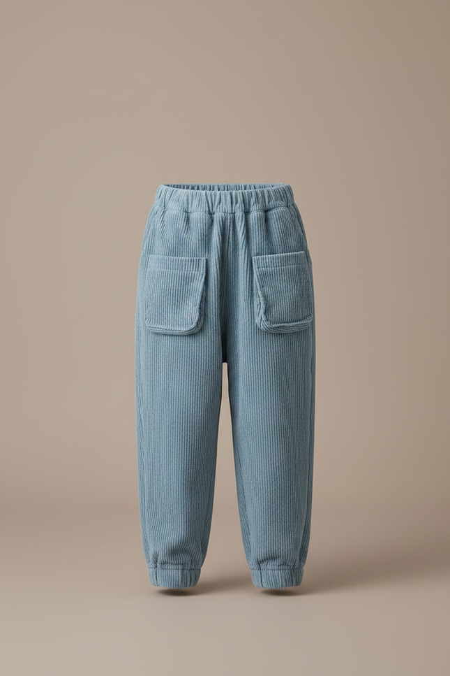 Pantalon Chinois Bleu Côtelé Ample Poches Enfant - Cordé - vue 3