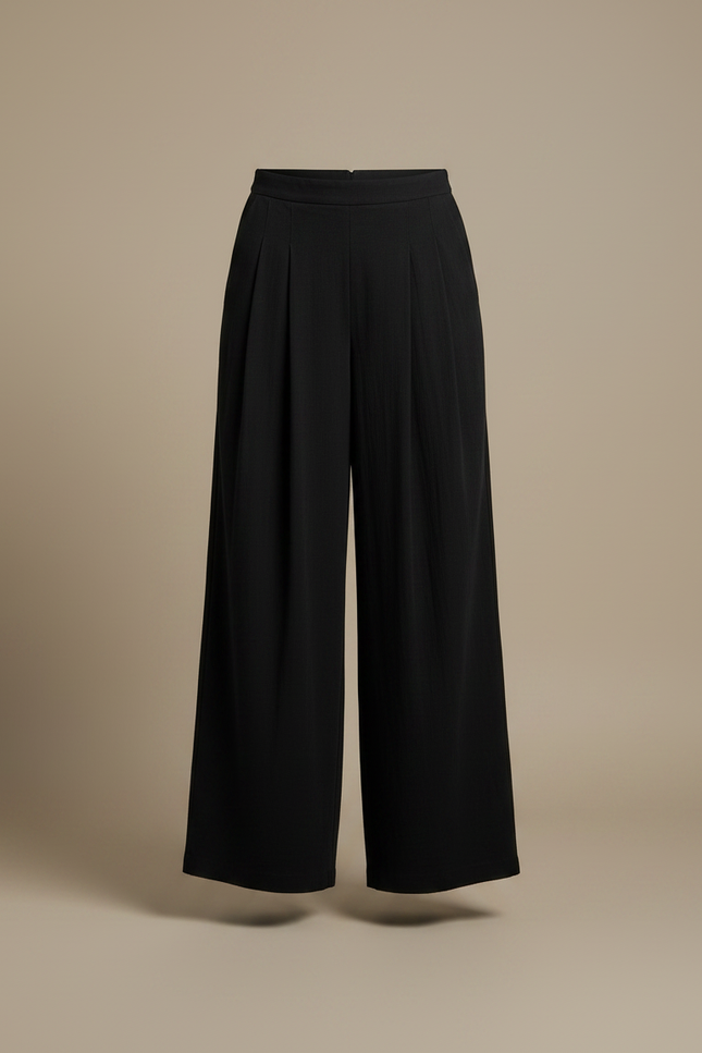 Pantalon Chinois Noir Ample Plissé Décontracté Fluide - Viscose - vue 3