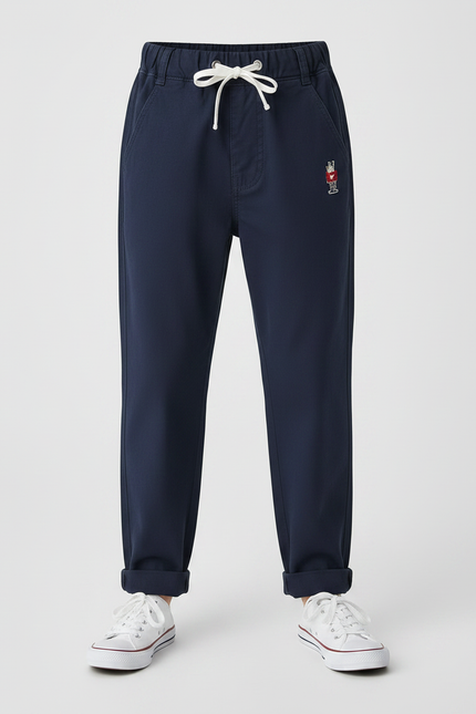 Pantalon Chinois Bleu Marine Coton Enfant Brodé Décontracté - vue 3