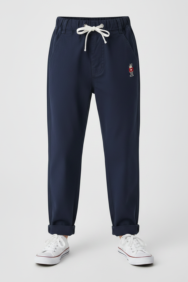 Pantalon Chinois Bleu Marine Coton Enfant Brodé Décontracté - vue 3