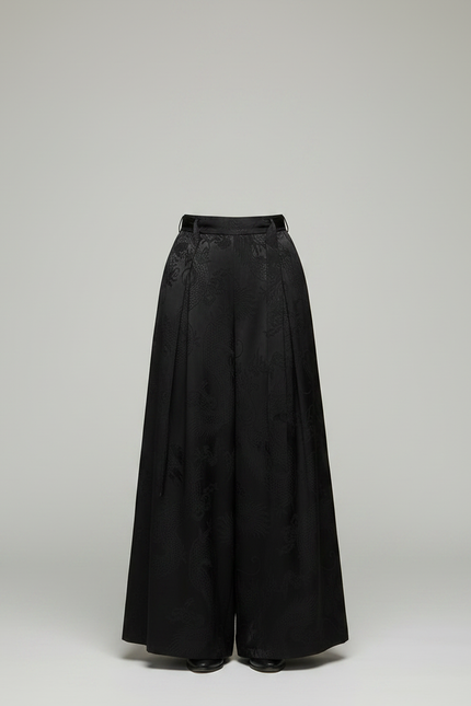 Pantalon Chinois Noir Jacquard Dragon Ample Élégant - Satin - vue 3